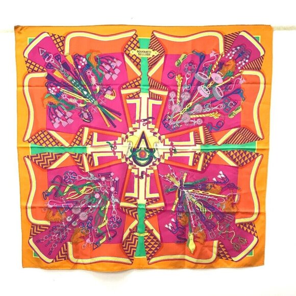 HERMES BOUQUETS SELLIER Carre90 Scarf silk Orange/pink - Picture 1 of 11